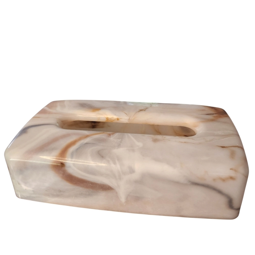 Vintage Faux Marble Acrylic Plastic Tissue Box Cover Beige Tan Brown Rectangle
